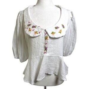 TACH Clothing Size Large Larina Top Blouse Shirt Hand Embroidered‎ White Gauzy